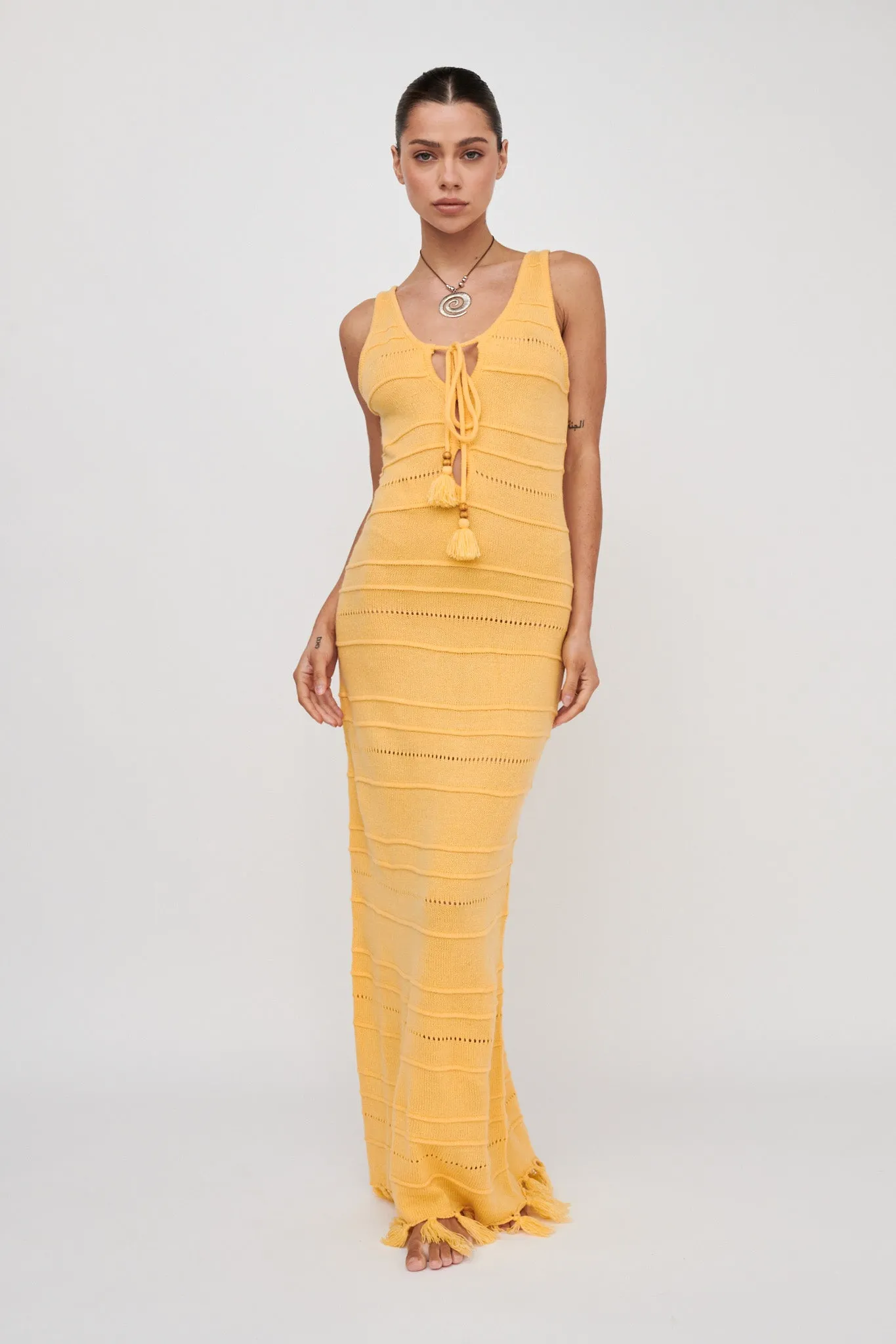 Sunlight Bust Tie Knit Maxi Dress Lemon