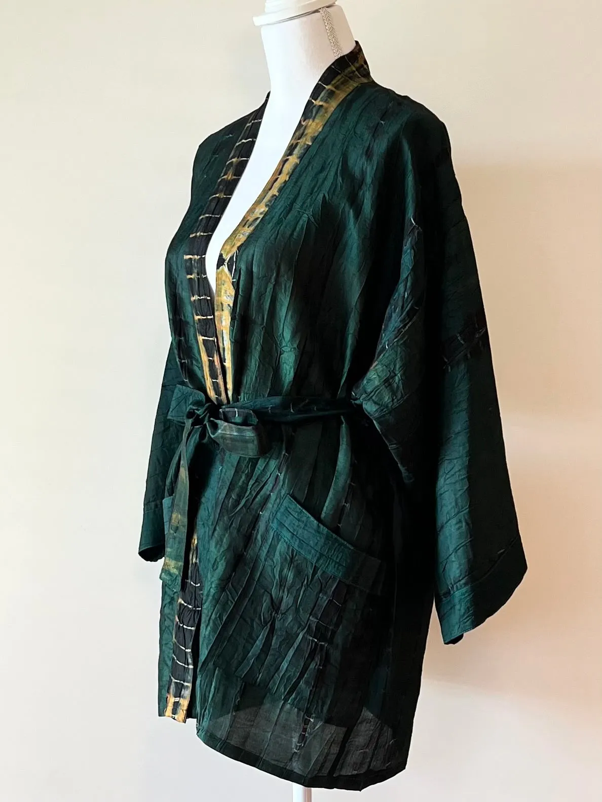 The Accessory In Demand, A Short Silk Kimono Jacket.  A Beauty In Forest Green