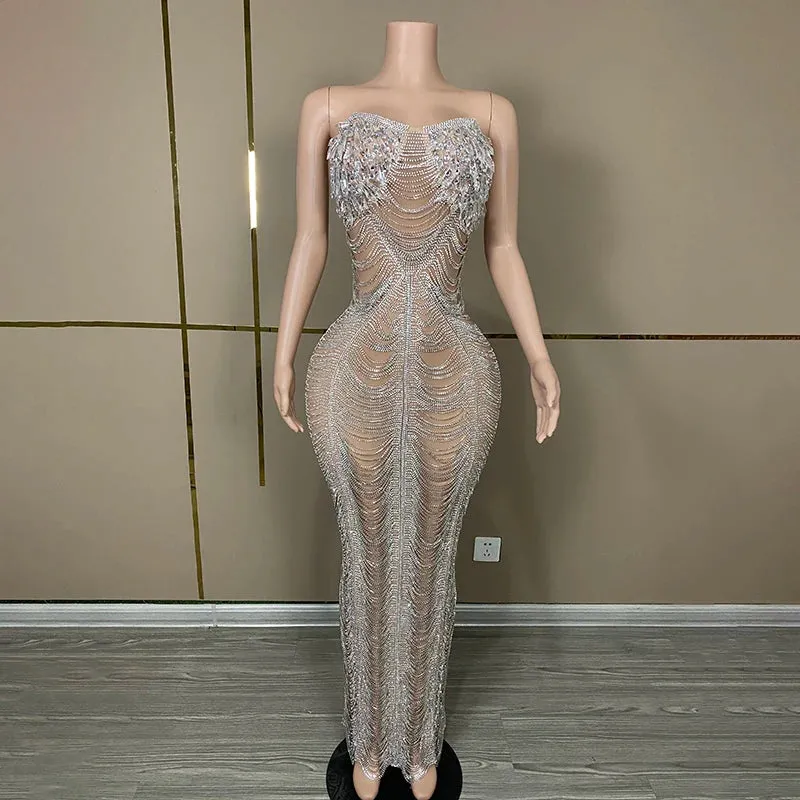 Trend4us Luxury Crystal Beaded Tassel Chain Evening Gowns