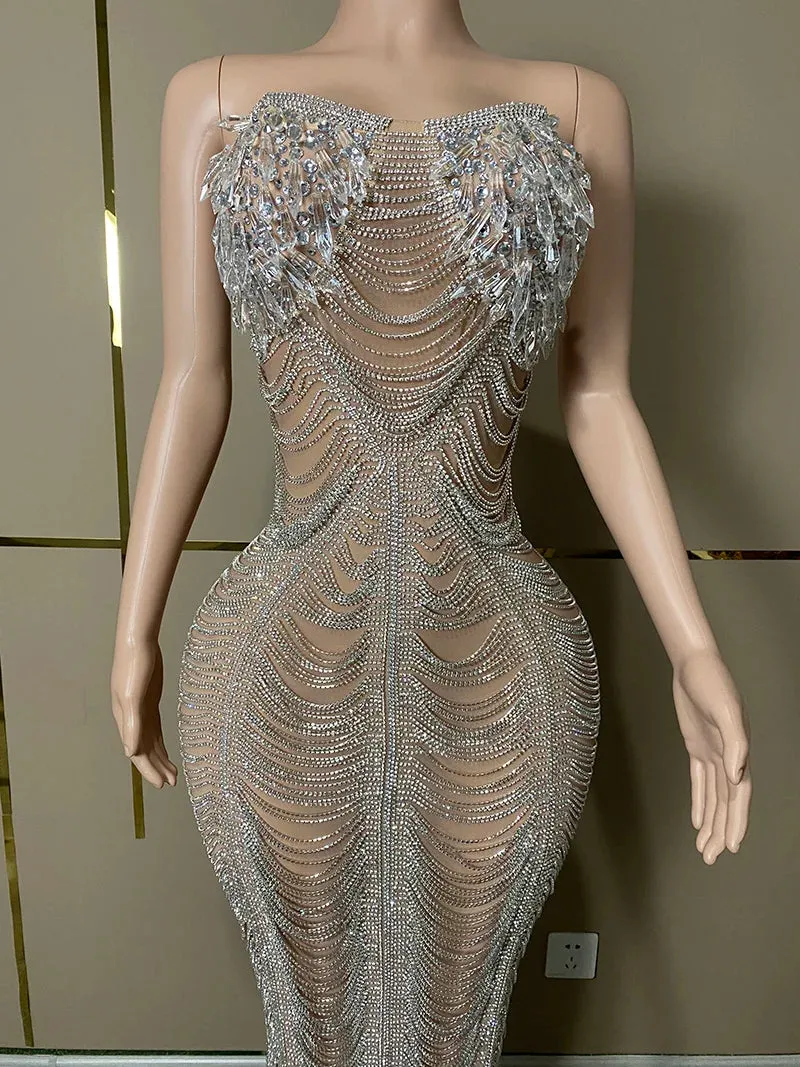 Trend4us Luxury Crystal Beaded Tassel Chain Evening Gowns