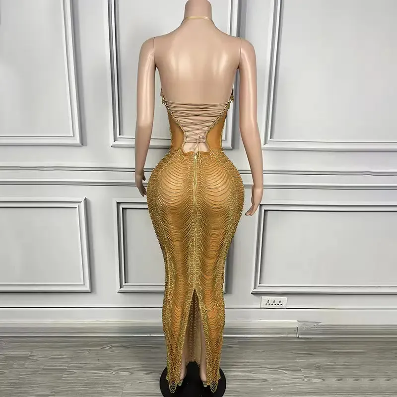 Trend4us Luxury Crystal Beaded Tassel Chain Evening Gowns