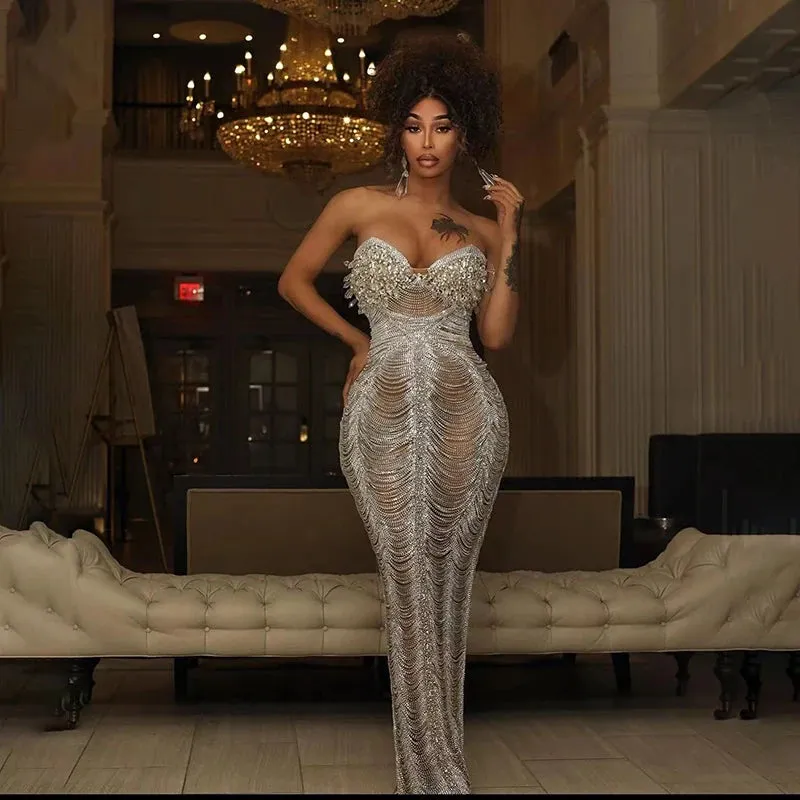 Trend4us Luxury Crystal Beaded Tassel Chain Evening Gowns