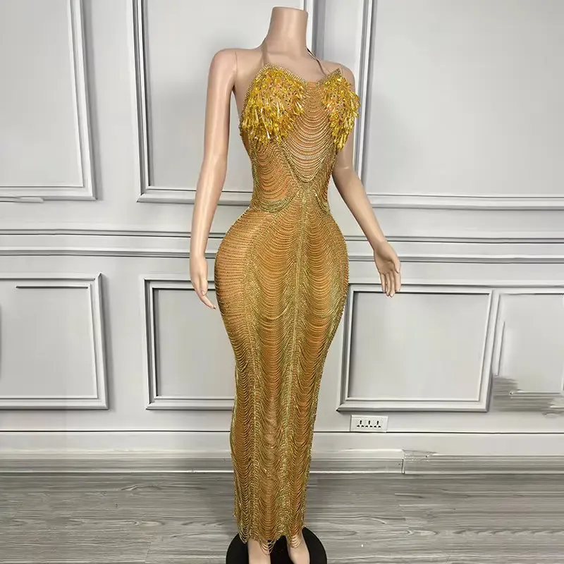 Trend4us Luxury Crystal Beaded Tassel Chain Evening Gowns
