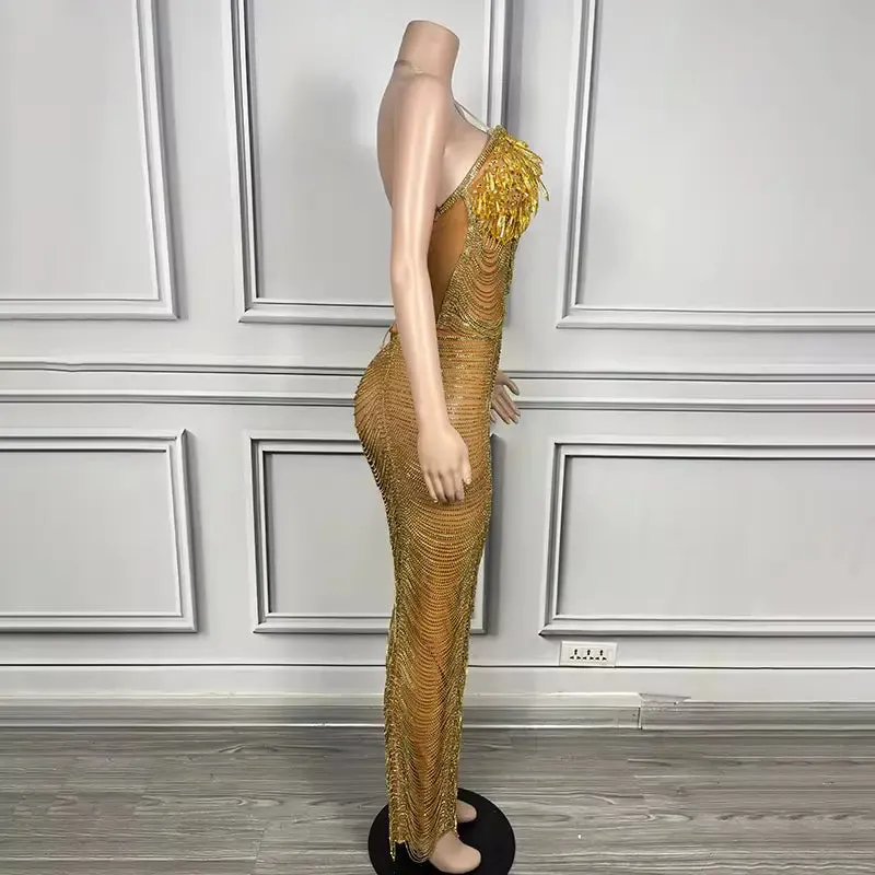 Trend4us Luxury Crystal Beaded Tassel Chain Evening Gowns