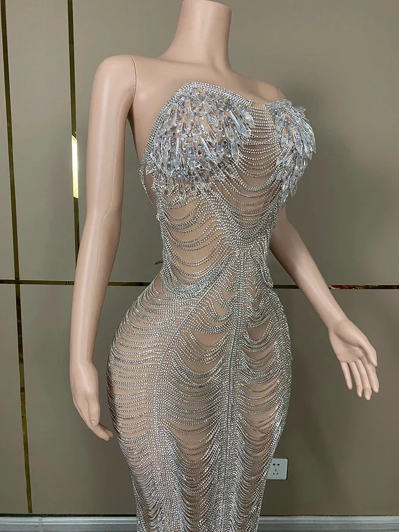 Trend4us Luxury Crystal Beaded Tassel Chain Evening Gowns