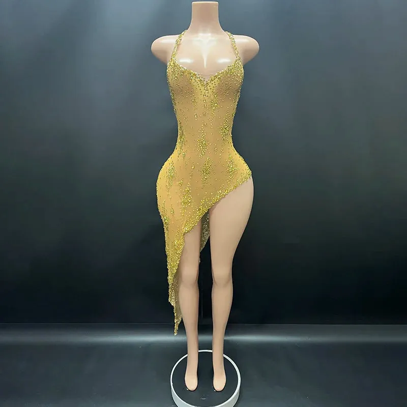 Trend4us Women's Glamorous Asymmetric Beaded Crystal Mesh Dress