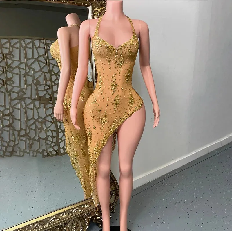 Trend4us Women's Glamorous Asymmetric Beaded Crystal Mesh Dress