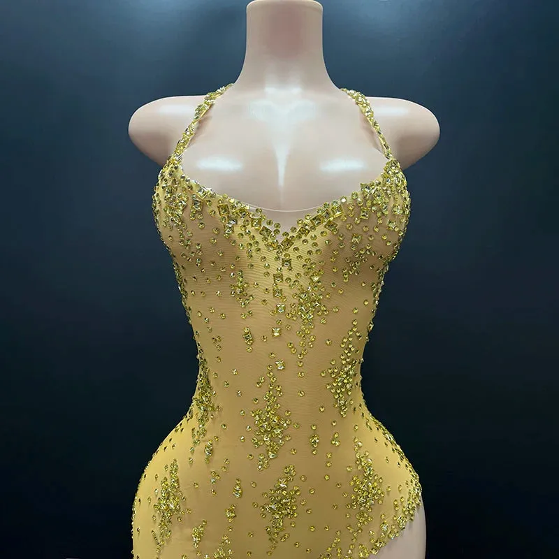 Trend4us Women's Glamorous Asymmetric Beaded Crystal Mesh Dress