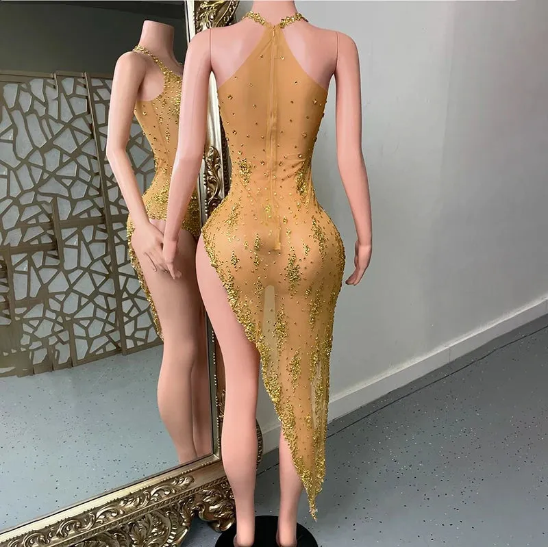 Trend4us Women's Glamorous Asymmetric Beaded Crystal Mesh Dress