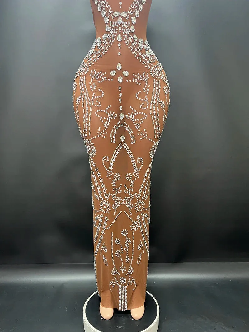 Trend4us Women’s Luxury Beaded Crystal Mesh Gown