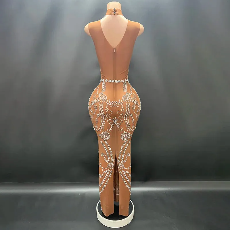Trend4us Women’s Luxury Beaded Crystal Mesh Gown