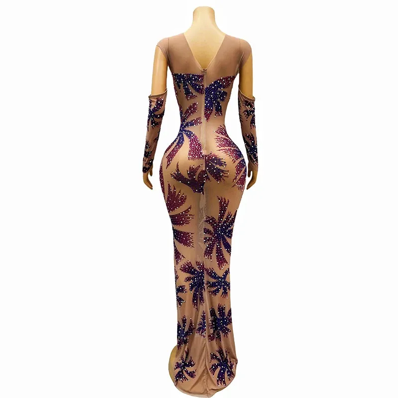 Trend4us Women's Luxury Rhinestone Mesh Gown