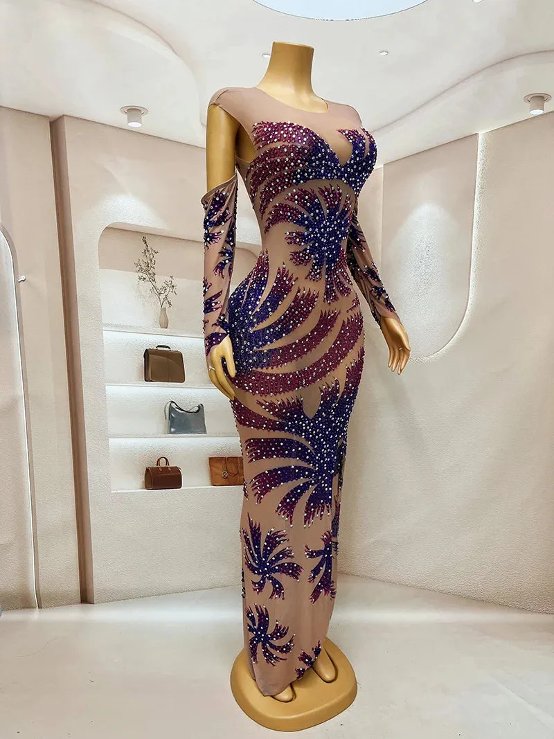 Trend4us Women's Luxury Rhinestone Mesh Gown