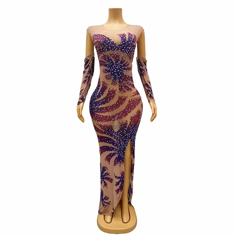 Trend4us Women's Luxury Rhinestone Mesh Gown