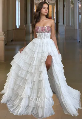 Tube Top Off-Shoulder Sleeveless Beaded Applique Pleated Tulle Tiered A-Line Prom Dress with Slit