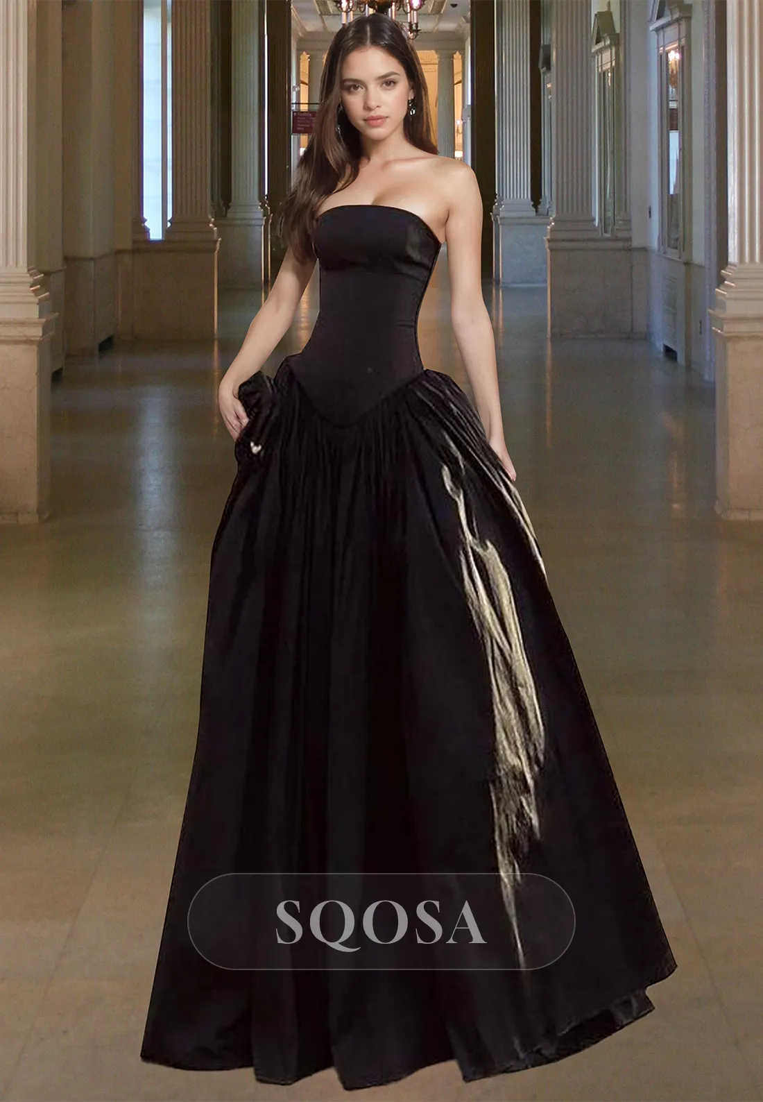 Tube Top Sleeveless A-Line Prom Dress Off-Shoulder Pleated Floor-Length Formal Gowns