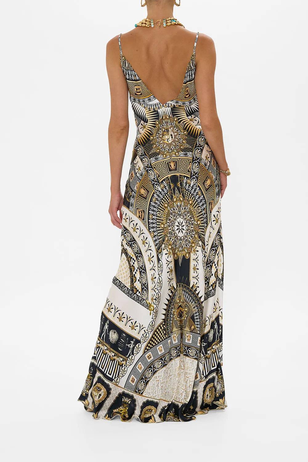 V NECK LONG BIAS SLIP DRESS WITH TRAIN TEMPLES OF DENDARA