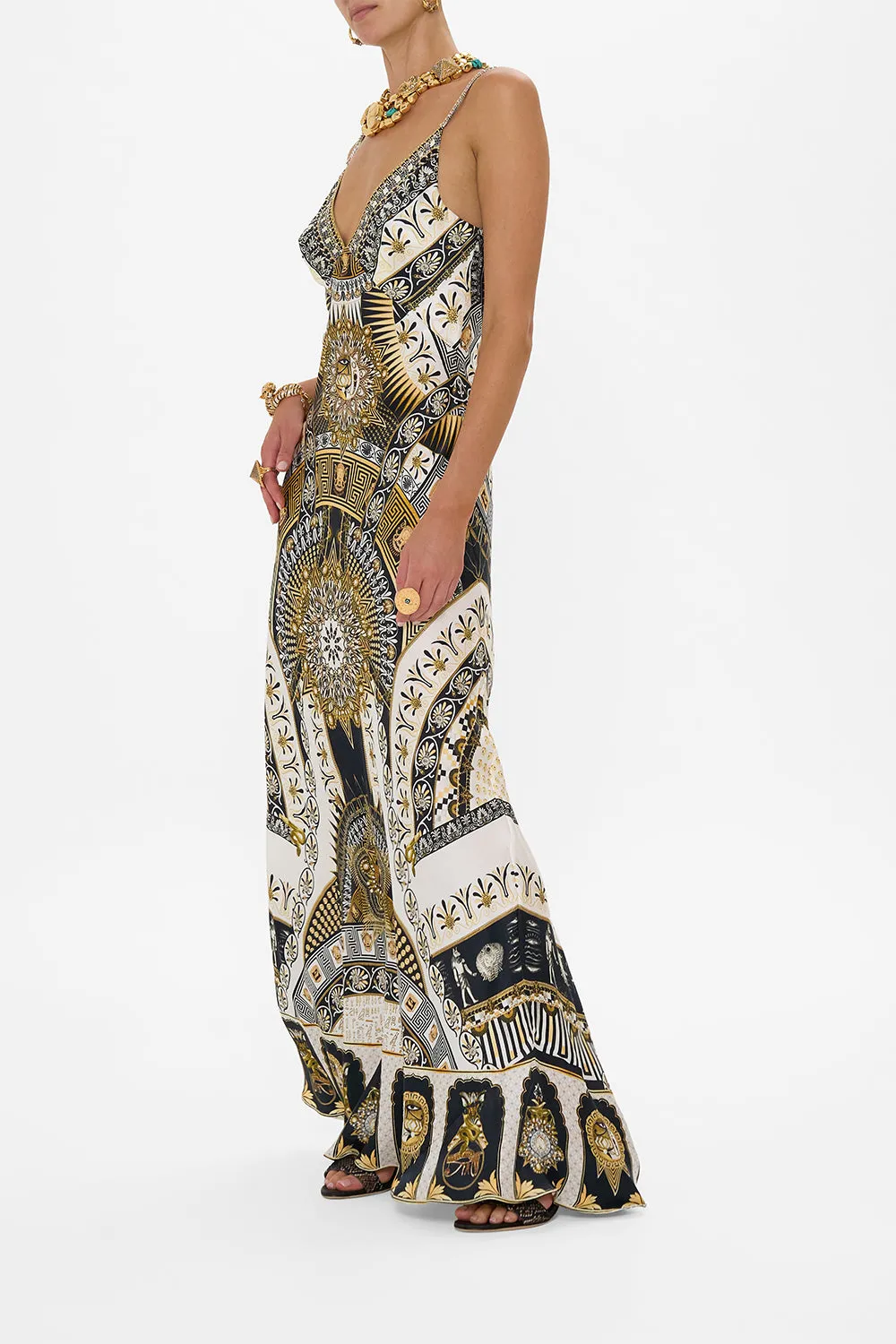 V NECK LONG BIAS SLIP DRESS WITH TRAIN TEMPLES OF DENDARA