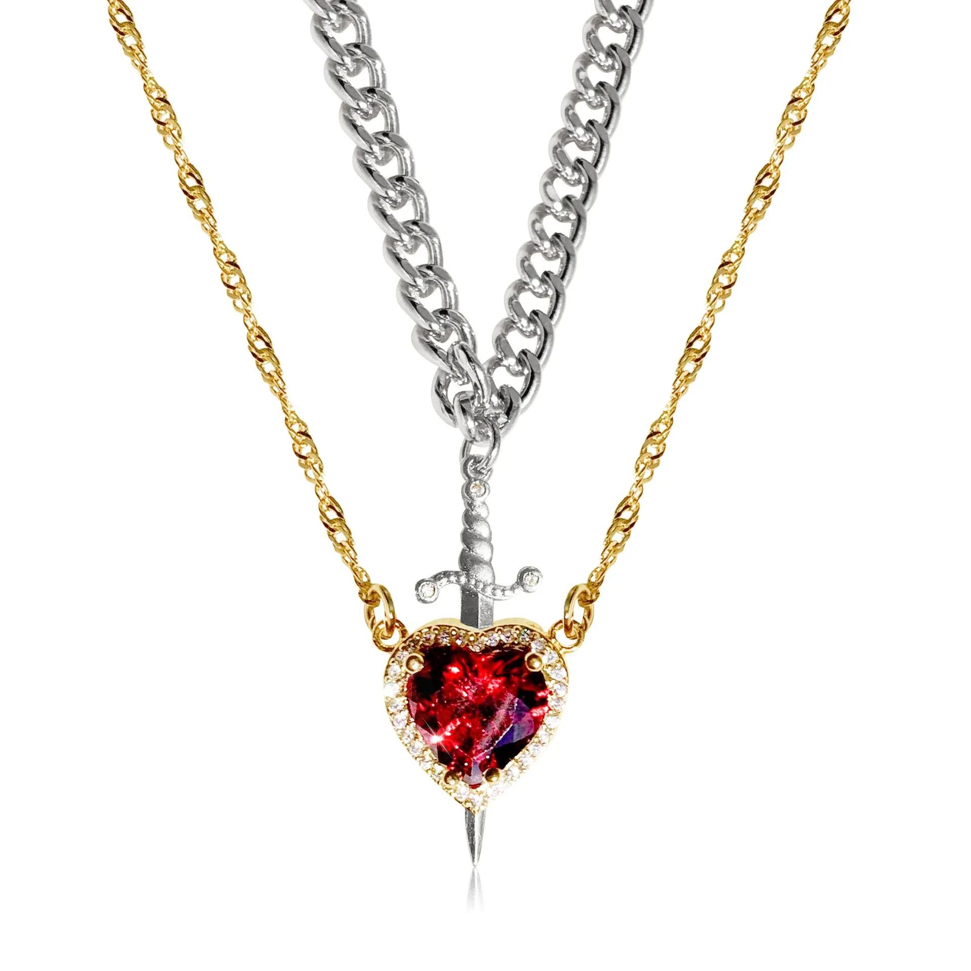 Valentine's Gift - Gothic Punk Arrow Heart Necklace with Red Rhinestone – Perfect Gift for Couples and Friends