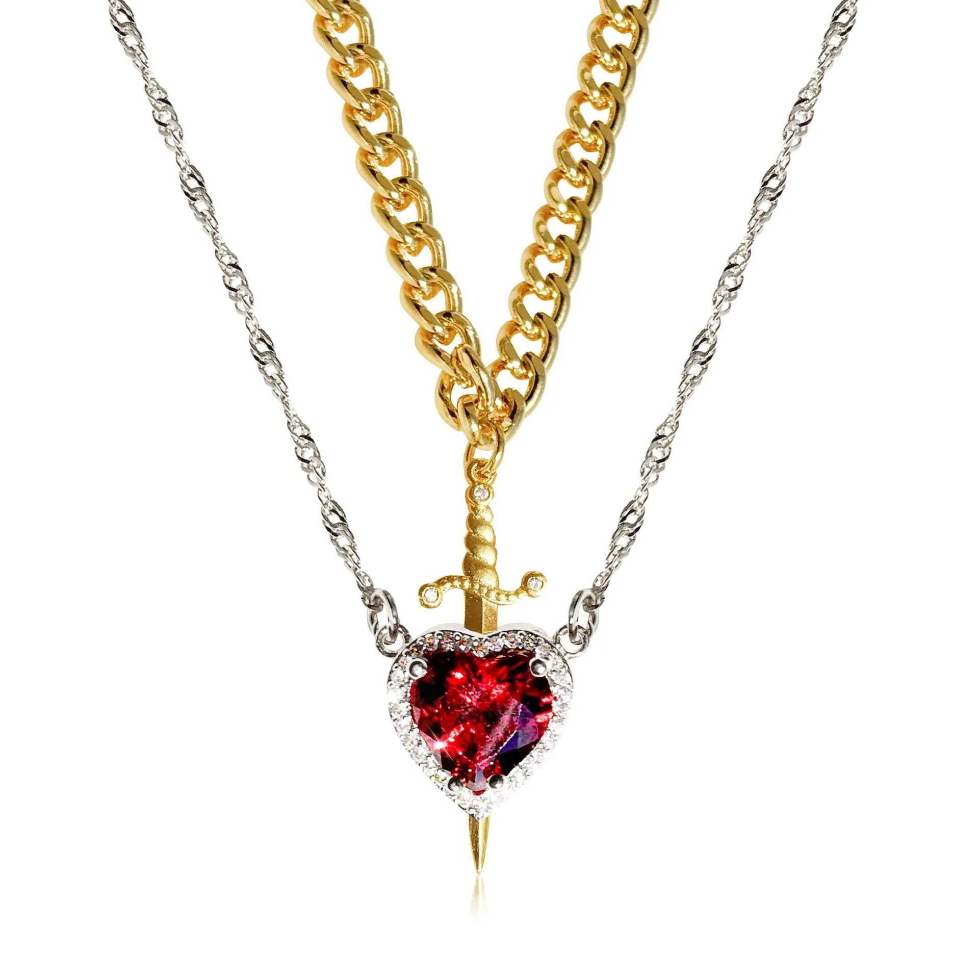 Valentine's Gift - Gothic Punk Arrow Heart Necklace with Red Rhinestone – Perfect Gift for Couples and Friends