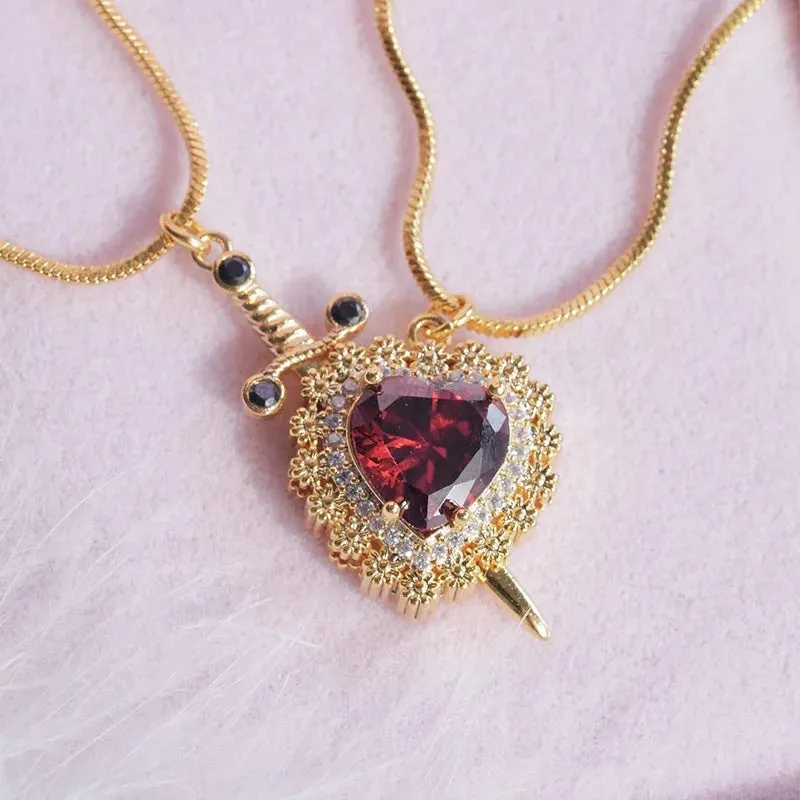 Valentine's Gift - Gothic Punk Arrow Heart Necklace with Red Rhinestone – Perfect Gift for Couples and Friends