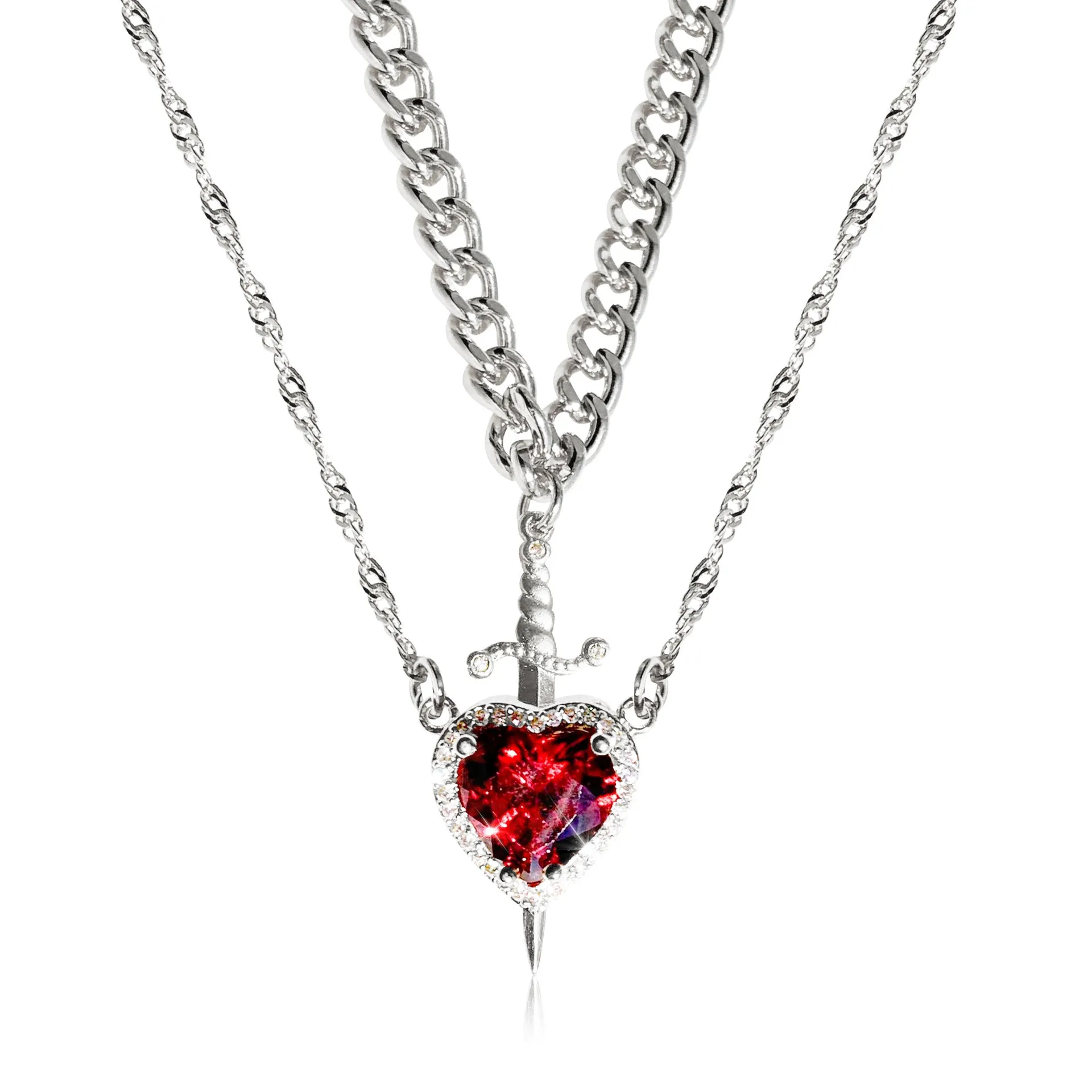Valentine's Gift - Gothic Punk Arrow Heart Necklace with Red Rhinestone – Perfect Gift for Couples and Friends