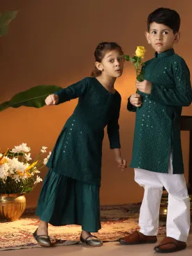 VASTRAMAY Green And White Green BHAI BEHEN Siblings Matching Set