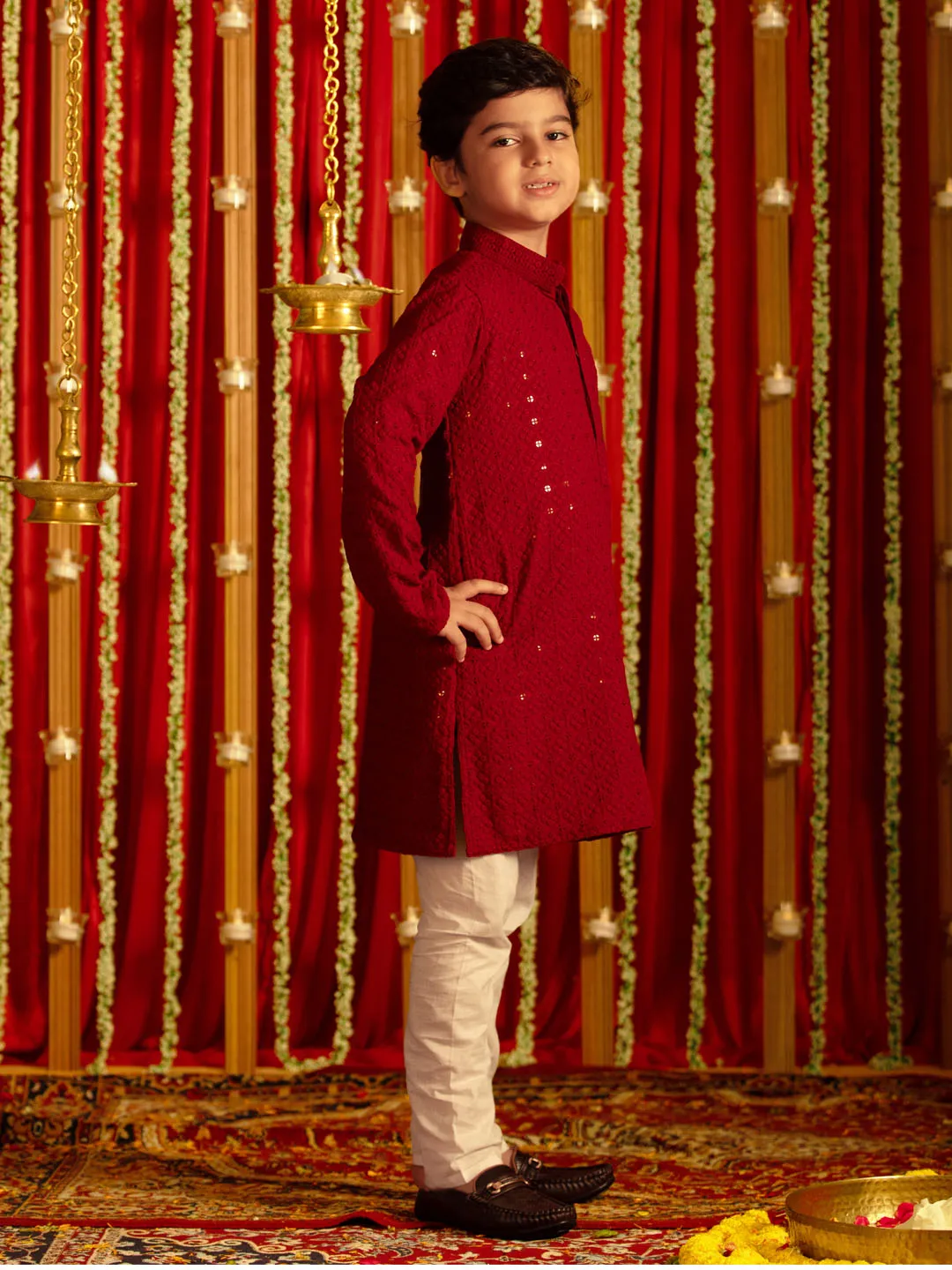VASTRAMAY Maroon and White Maroon BHAI BEHEN Siblings Matching Set