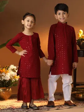 VASTRAMAY Maroon and White Maroon BHAI BEHEN Siblings Matching Set