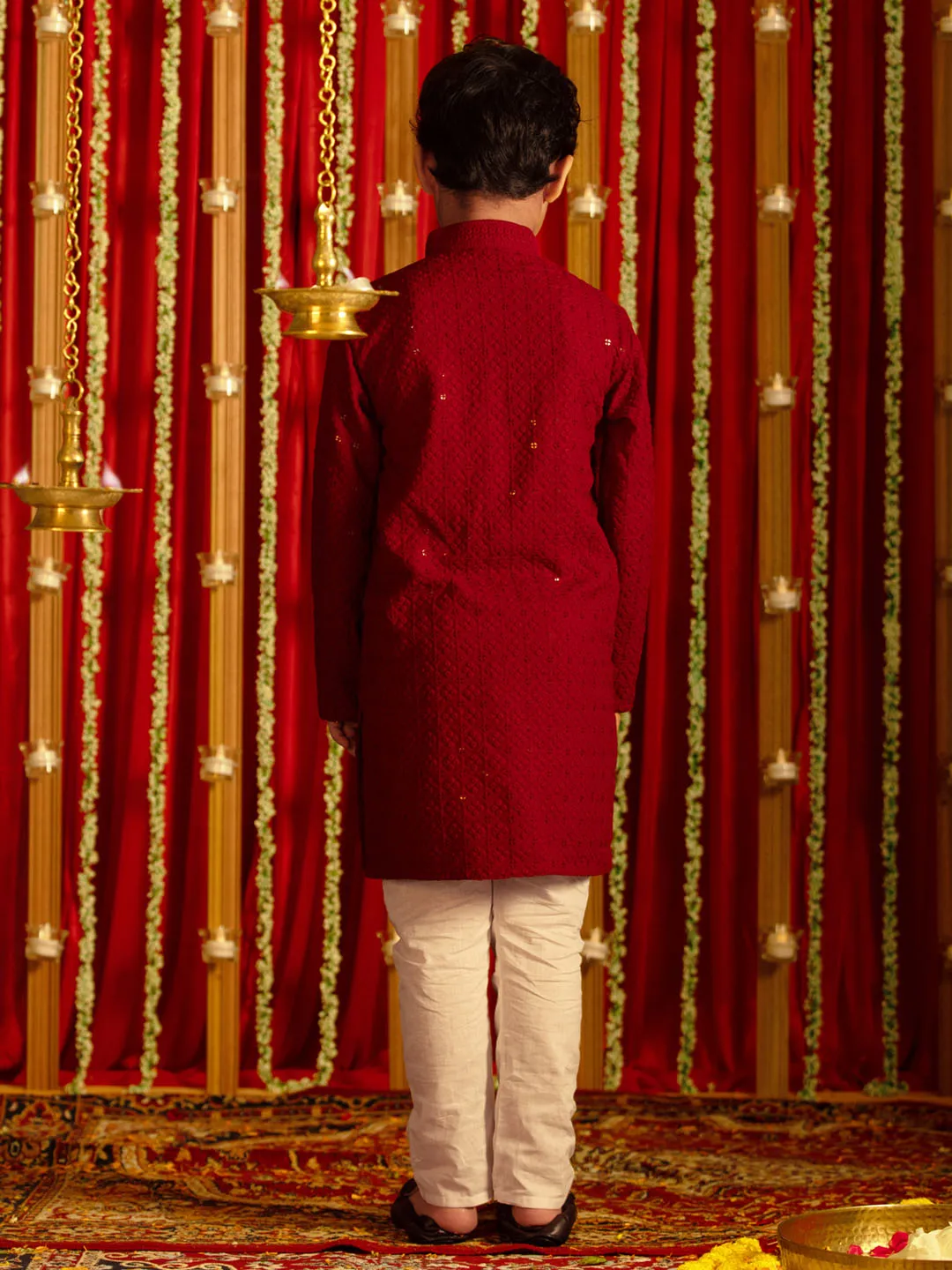 VASTRAMAY Maroon and White Maroon BHAI BEHEN Siblings Matching Set
