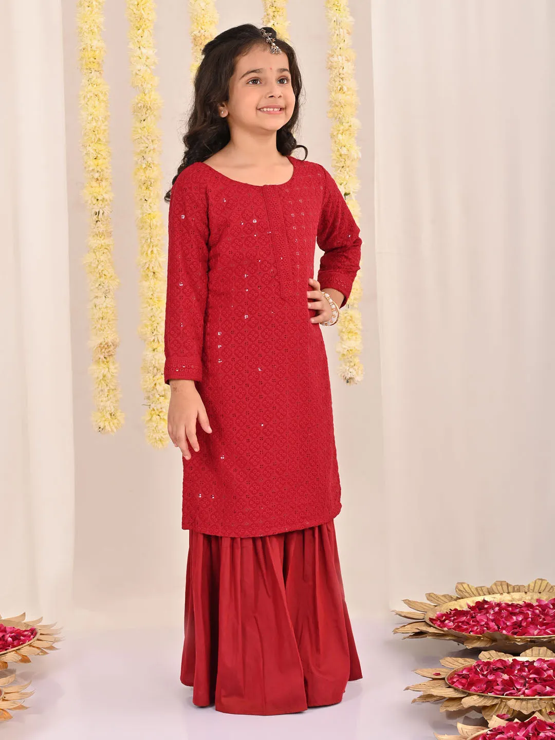 VASTRAMAY Maroon and White Maroon BHAI BEHEN Siblings Matching Set