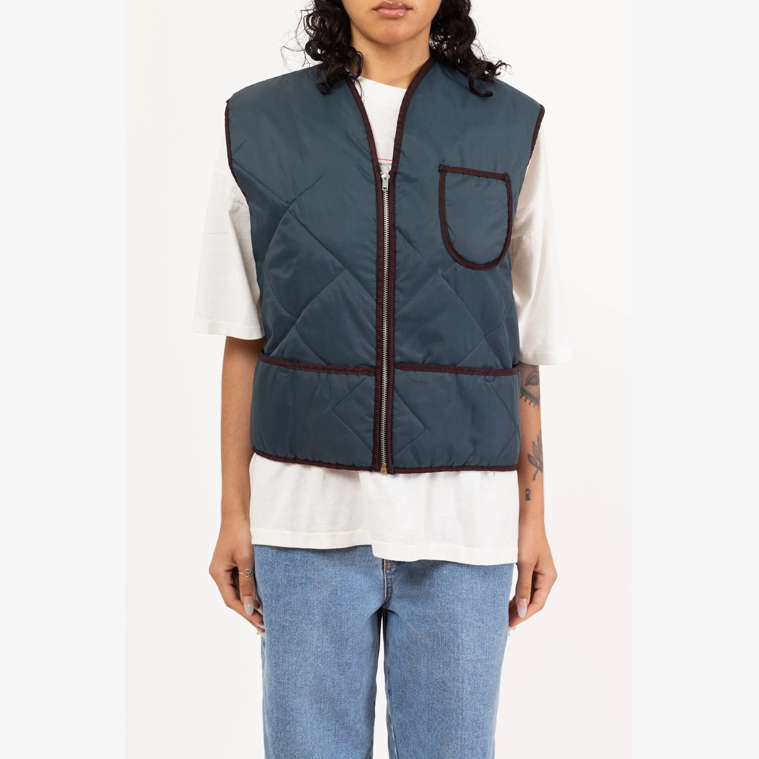 Vintage 80s Slate Blue Lightweight Quilted Puffer Vest - Men's Medium
