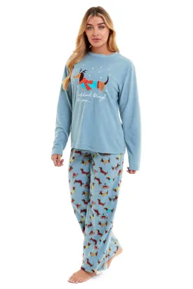 Women's Cosy Dachshund Polar Fleece Pyjama Set with Hood Embroidered Detailing Soft Nightwear Warm Loungewear Ideal Gift for Chilly Nights by Daisy Dreamer