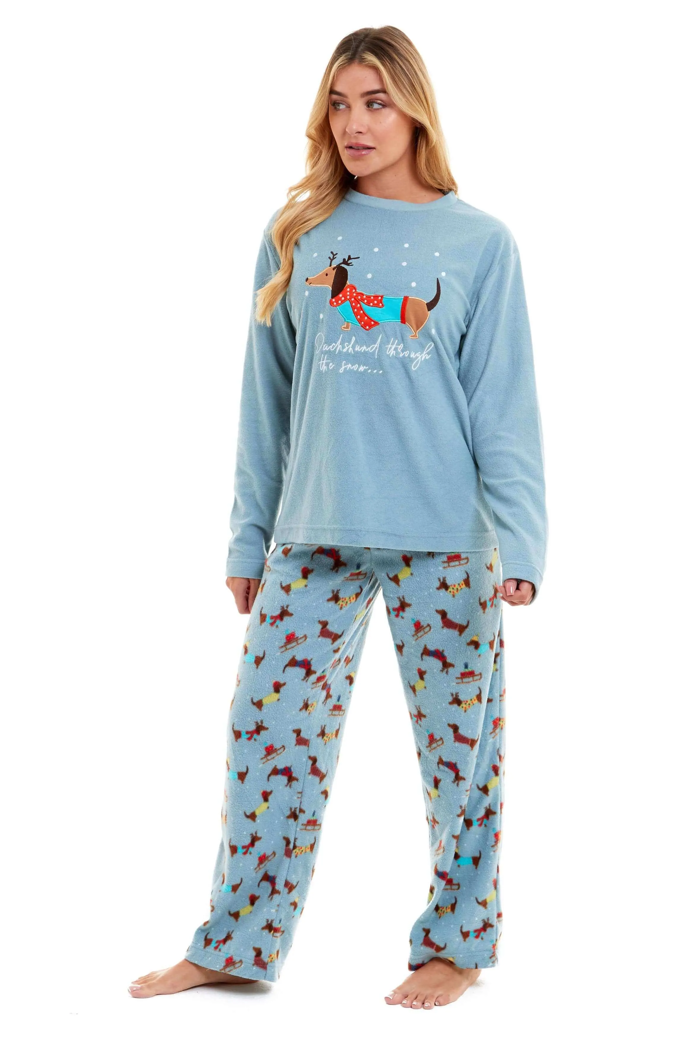 Women's Cosy Dachshund Polar Fleece Pyjama Set with Hood Embroidered Detailing Soft Nightwear Warm Loungewear Ideal Gift for Chilly Nights by Daisy Dreamer