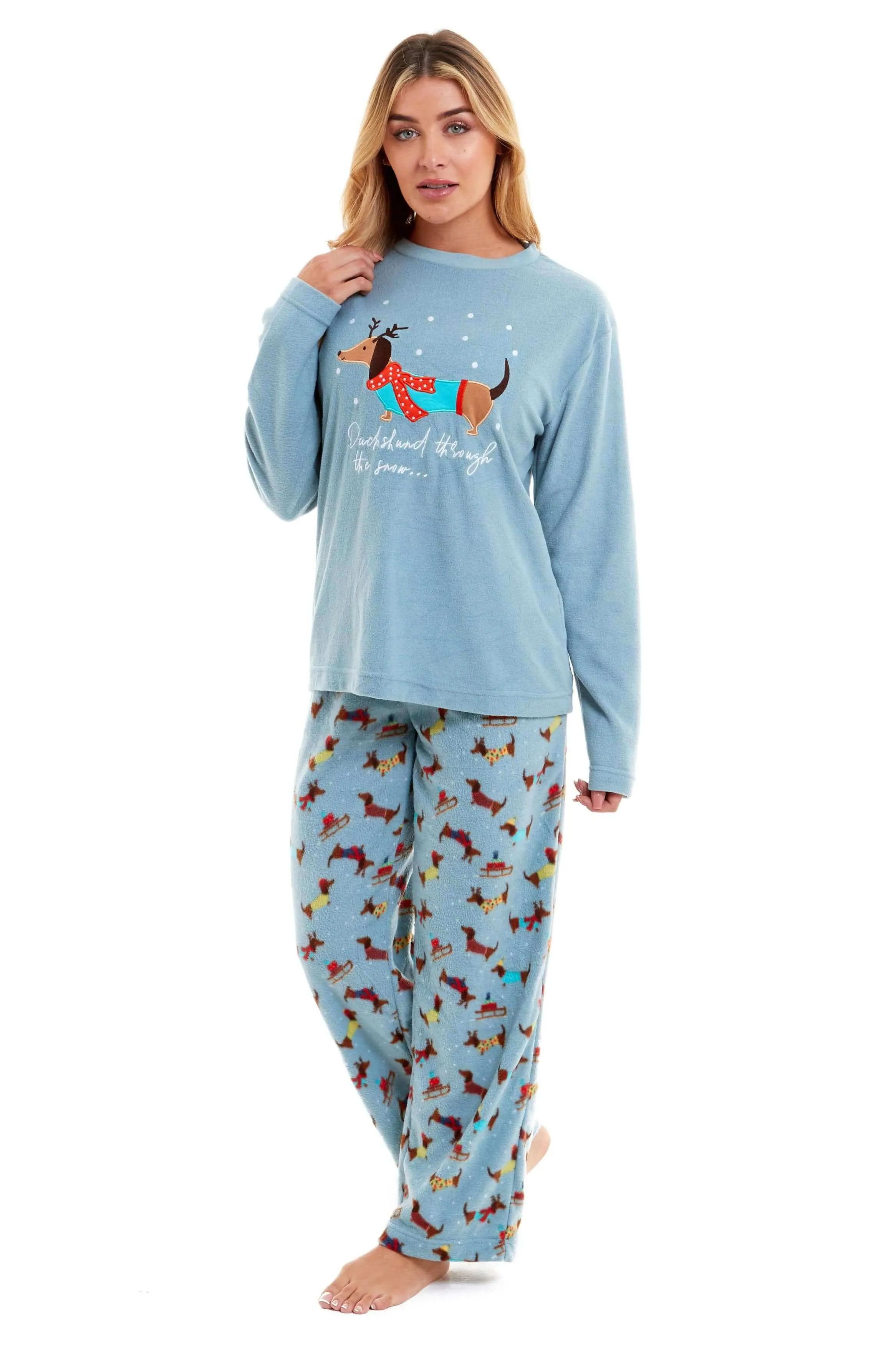 Women's Cosy Dachshund Polar Fleece Pyjama Set with Hood Embroidered Detailing Soft Nightwear Warm Loungewear Ideal Gift for Chilly Nights by Daisy Dreamer