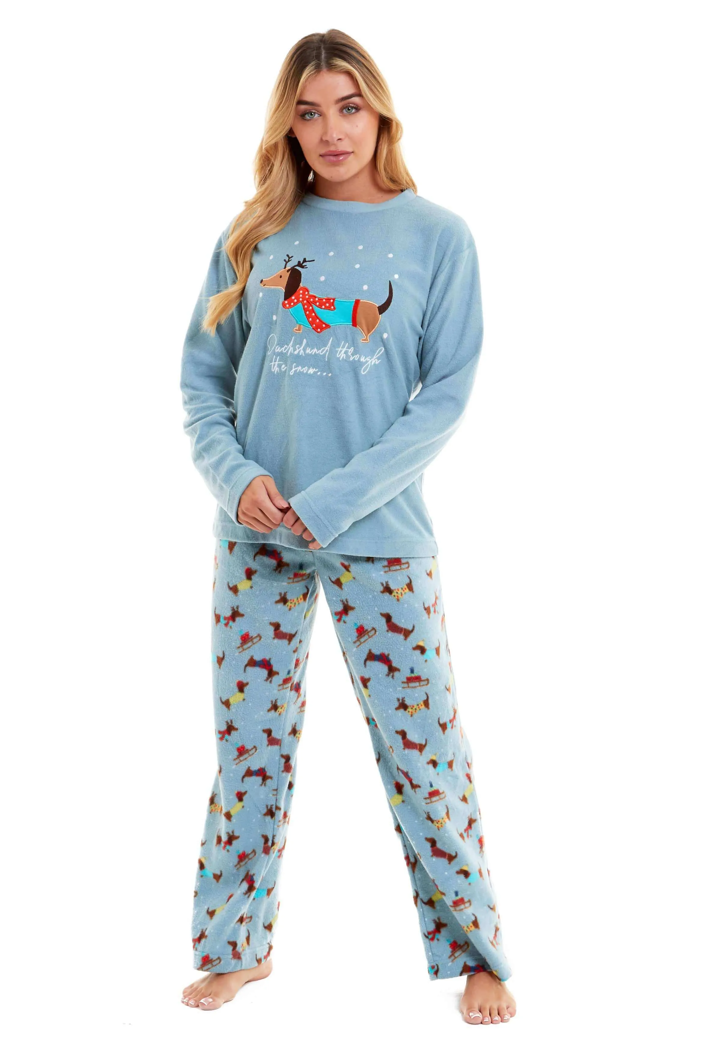 Women's Cosy Dachshund Polar Fleece Pyjama Set with Hood Embroidered Detailing Soft Nightwear Warm Loungewear Ideal Gift for Chilly Nights by Daisy Dreamer