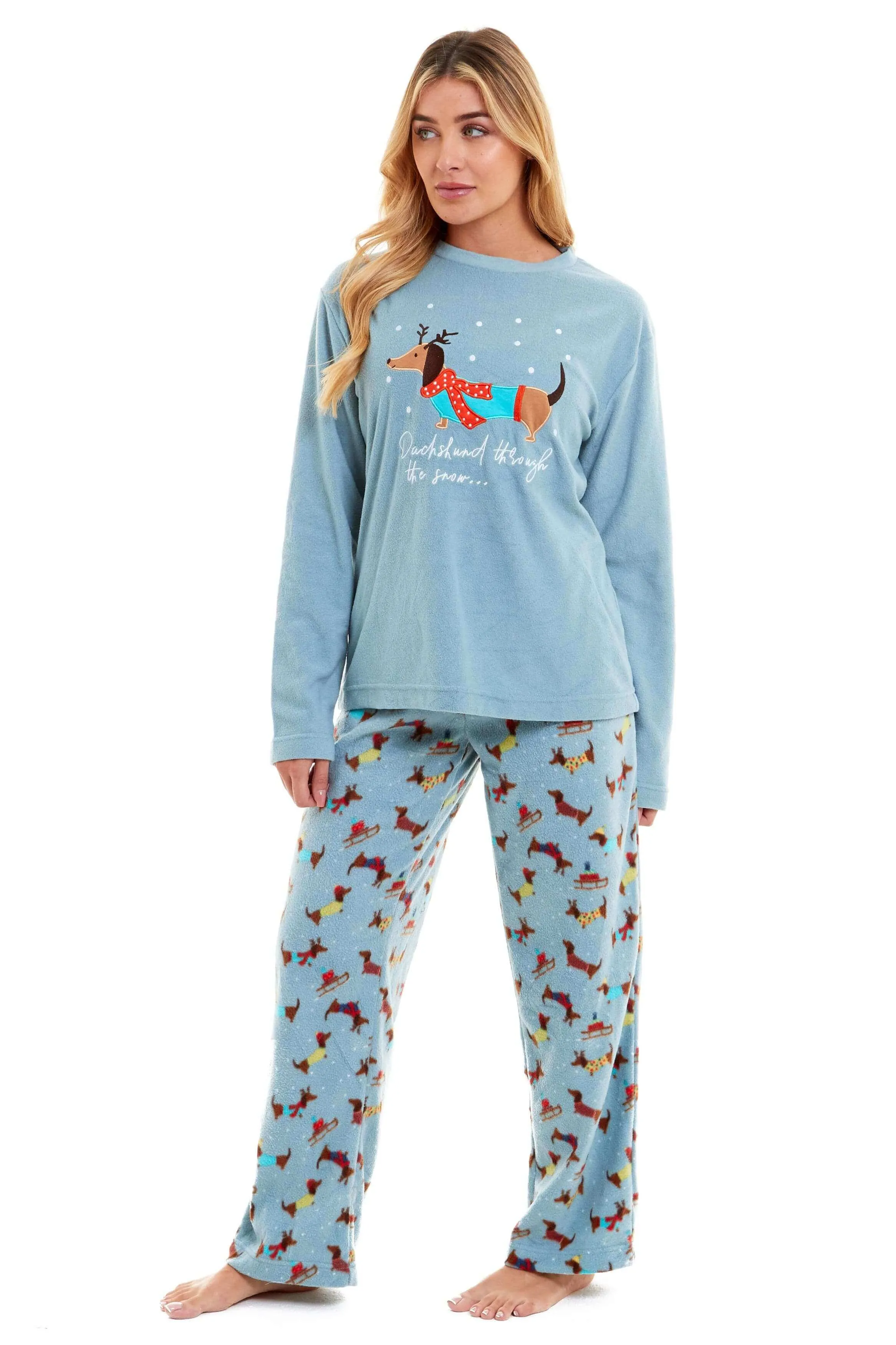 Women's Cosy Dachshund Polar Fleece Pyjama Set with Hood Embroidered Detailing Soft Nightwear Warm Loungewear Ideal Gift for Chilly Nights by Daisy Dreamer