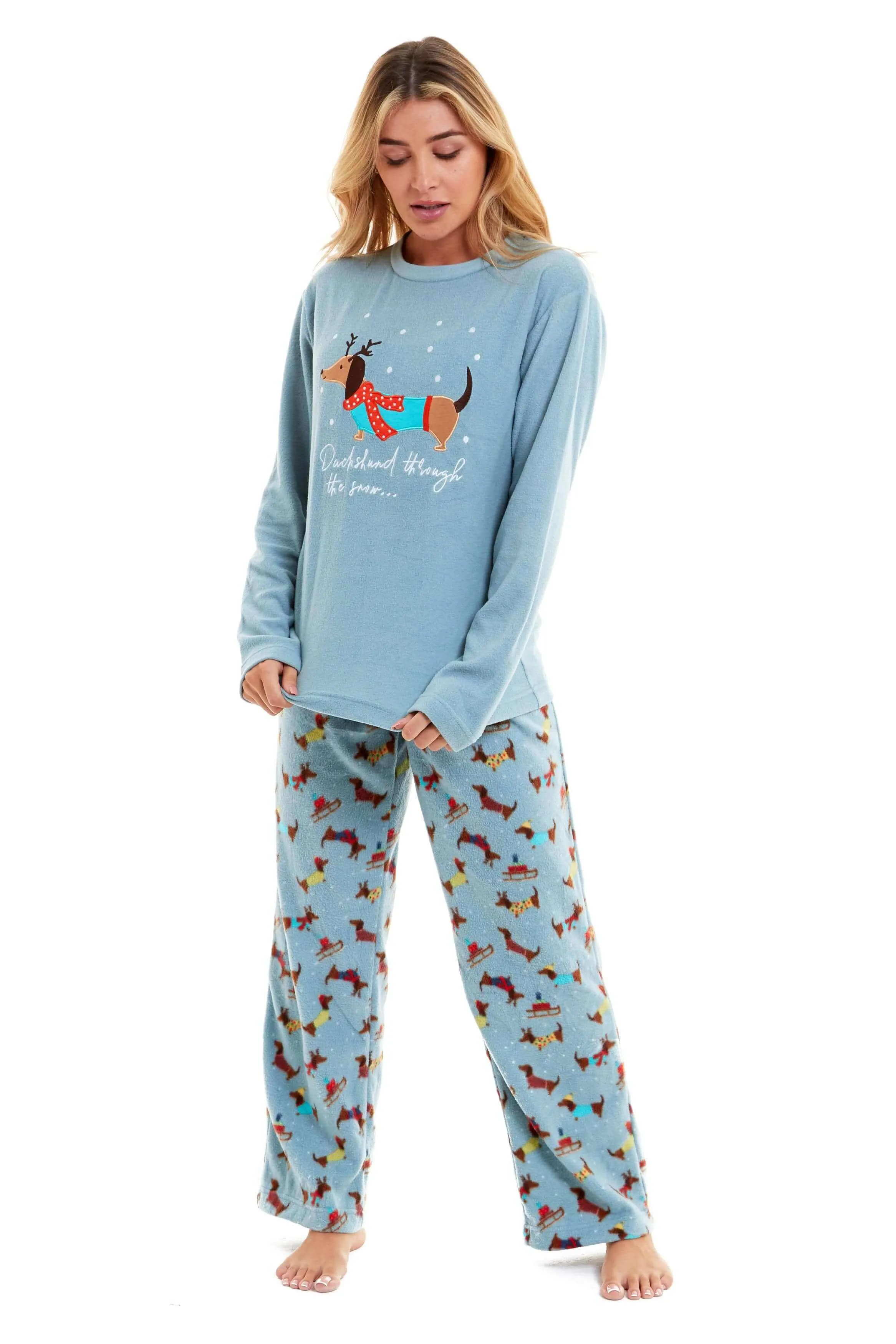 Women's Cosy Dachshund Polar Fleece Pyjama Set with Hood Embroidered Detailing Soft Nightwear Warm Loungewear Ideal Gift for Chilly Nights by Daisy Dreamer