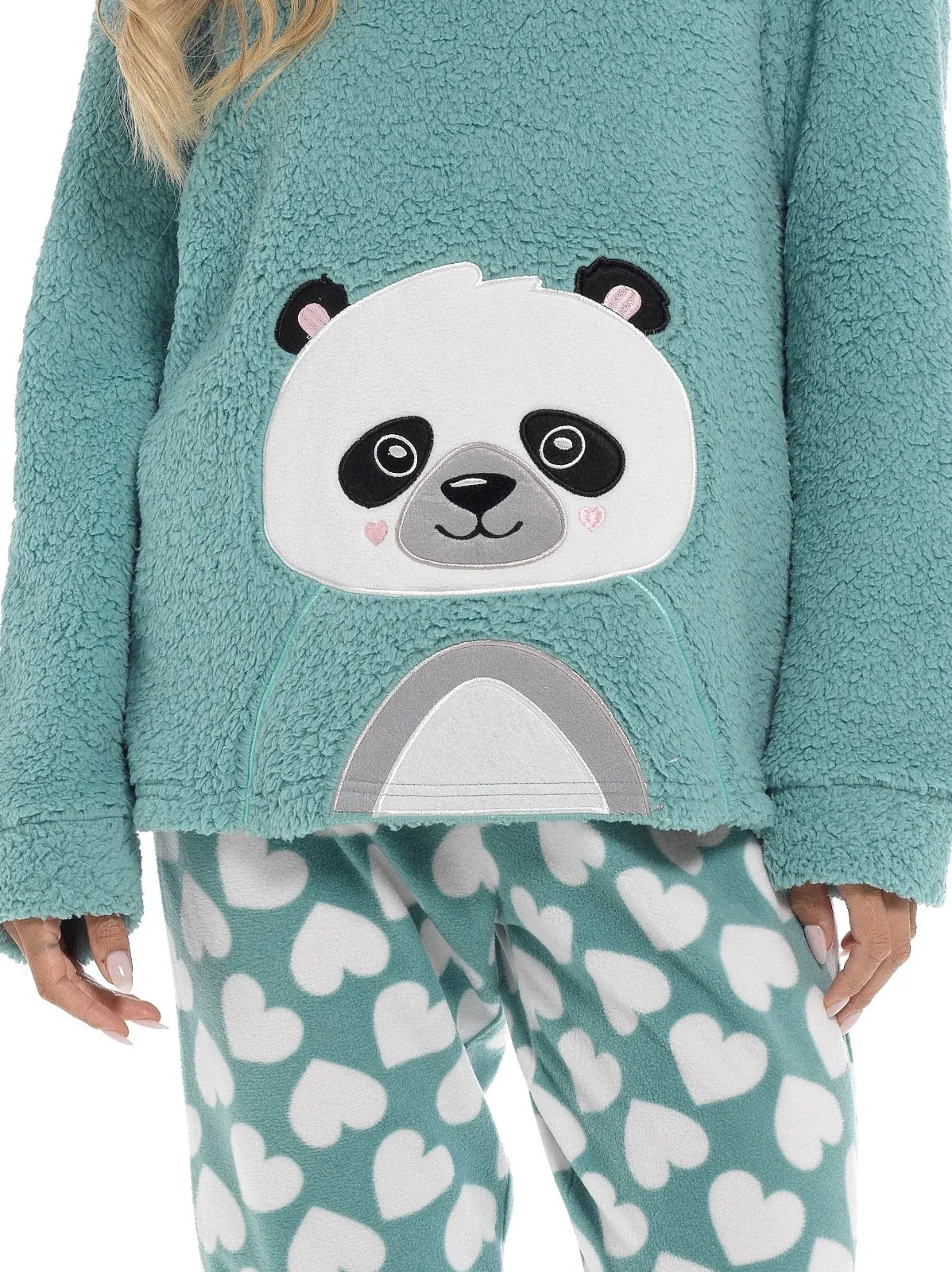 Women's Ultra-Soft Panda Snuggle Fleece Pyjama Set with Long Sleeve Top and Elasticated Bottoms for Lounging and Sleepwear by Daisy Dreamer