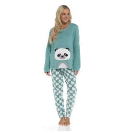 Women's Ultra-Soft Panda Snuggle Fleece Pyjama Set with Long Sleeve Top and Elasticated Bottoms for Lounging and Sleepwear by Daisy Dreamer
