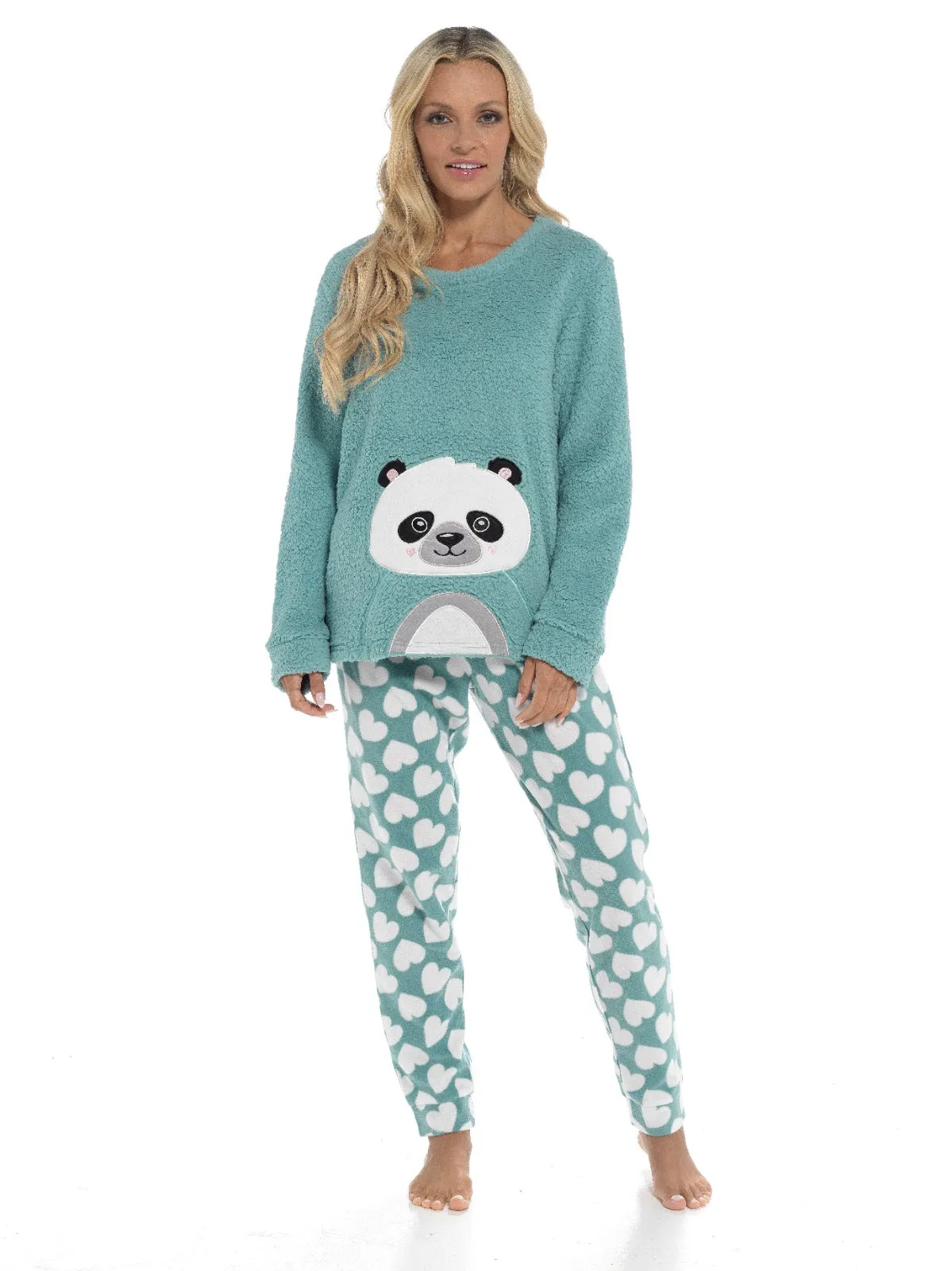 Women's Ultra-Soft Panda Snuggle Fleece Pyjama Set with Long Sleeve Top and Elasticated Bottoms for Lounging and Sleepwear by Daisy Dreamer