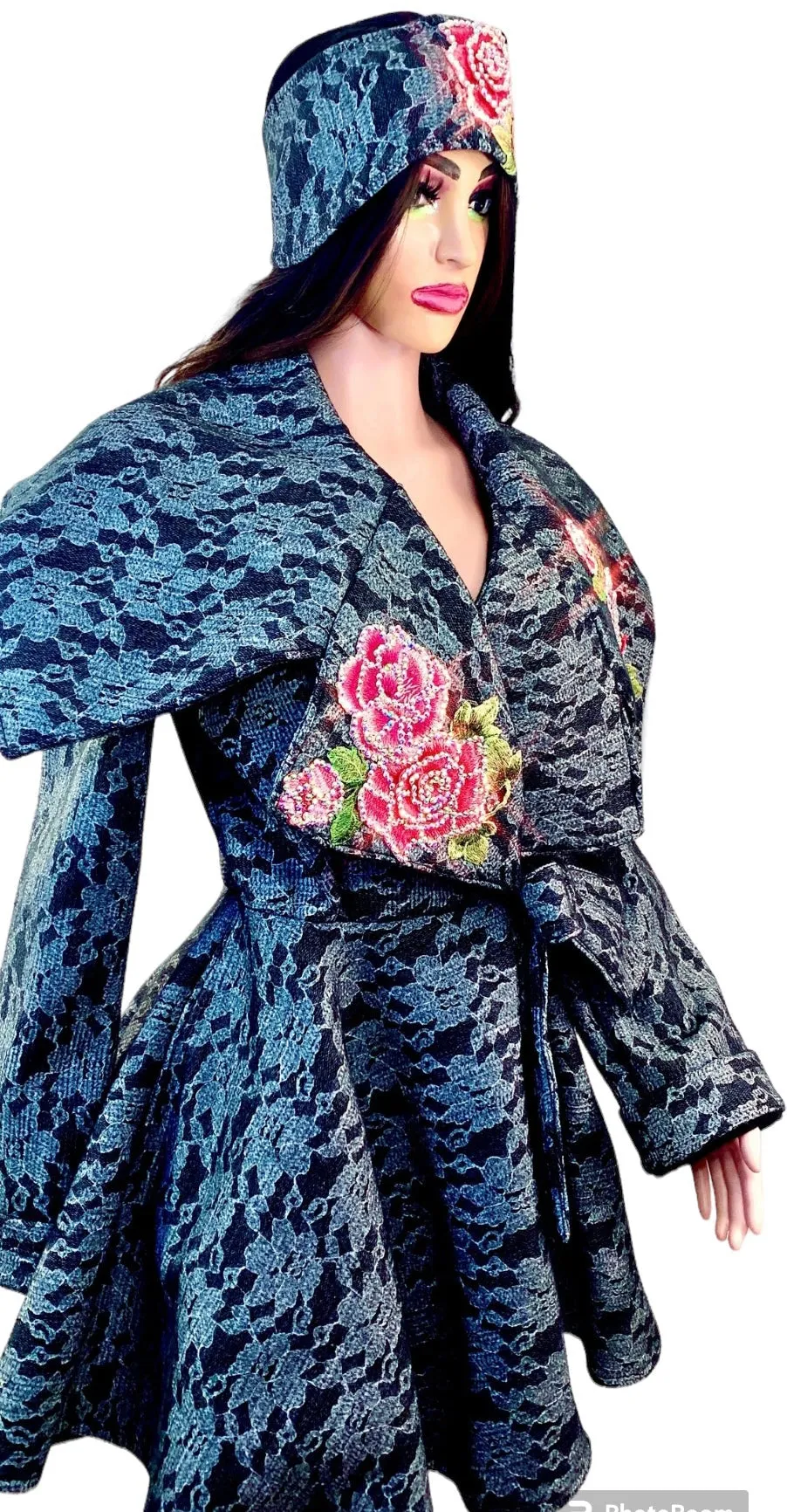 Women's Winter Black Peplum Asymmetric Coat Extravagant with Matching Headband