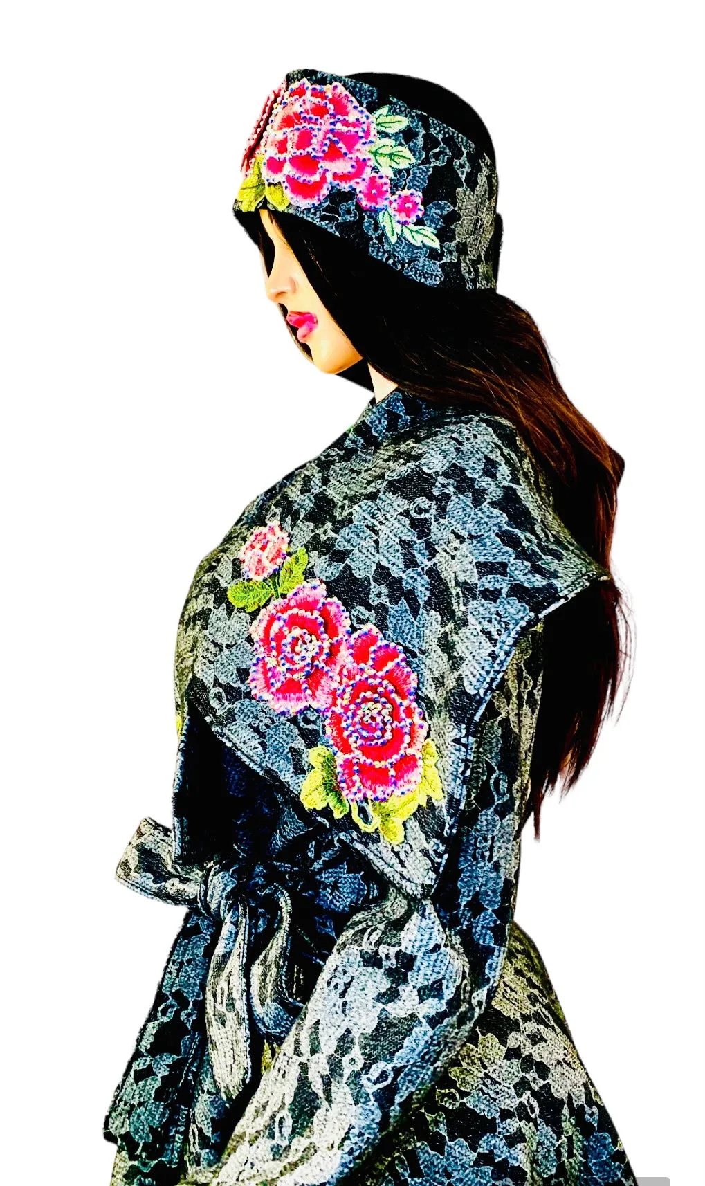Women's Winter Black Peplum Asymmetric Coat Extravagant with Matching Headband