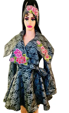 Women's Winter Black Peplum Asymmetric Coat Extravagant with Matching Headband