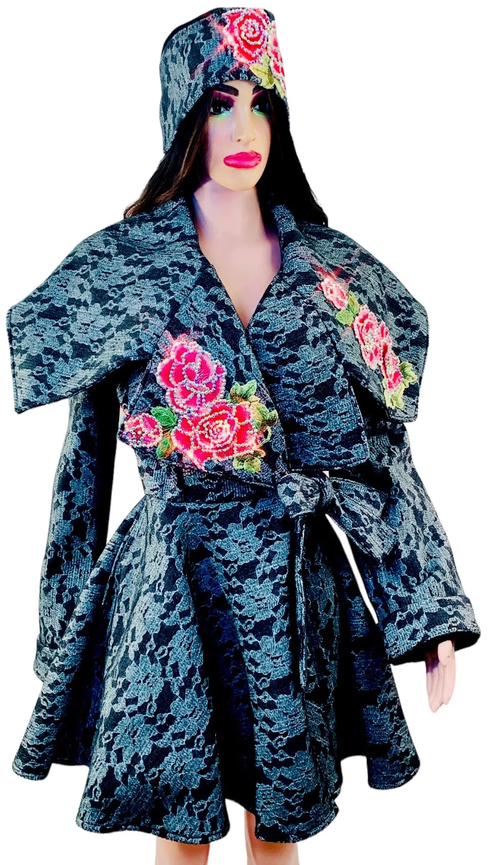 Women's Winter Black Peplum Asymmetric Coat Extravagant with Matching Headband