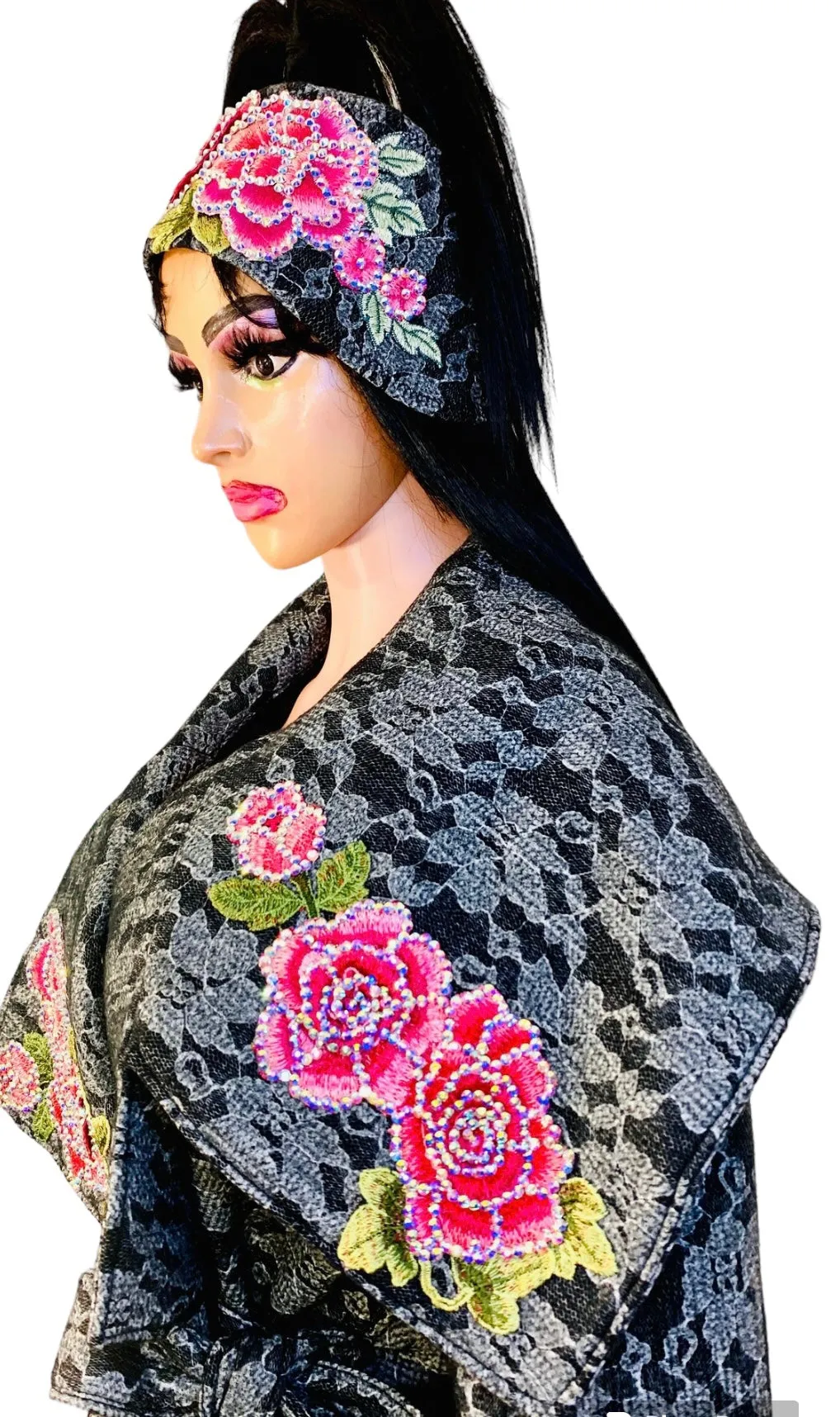 Women's Winter Black Peplum Asymmetric Coat Extravagant with Matching Headband