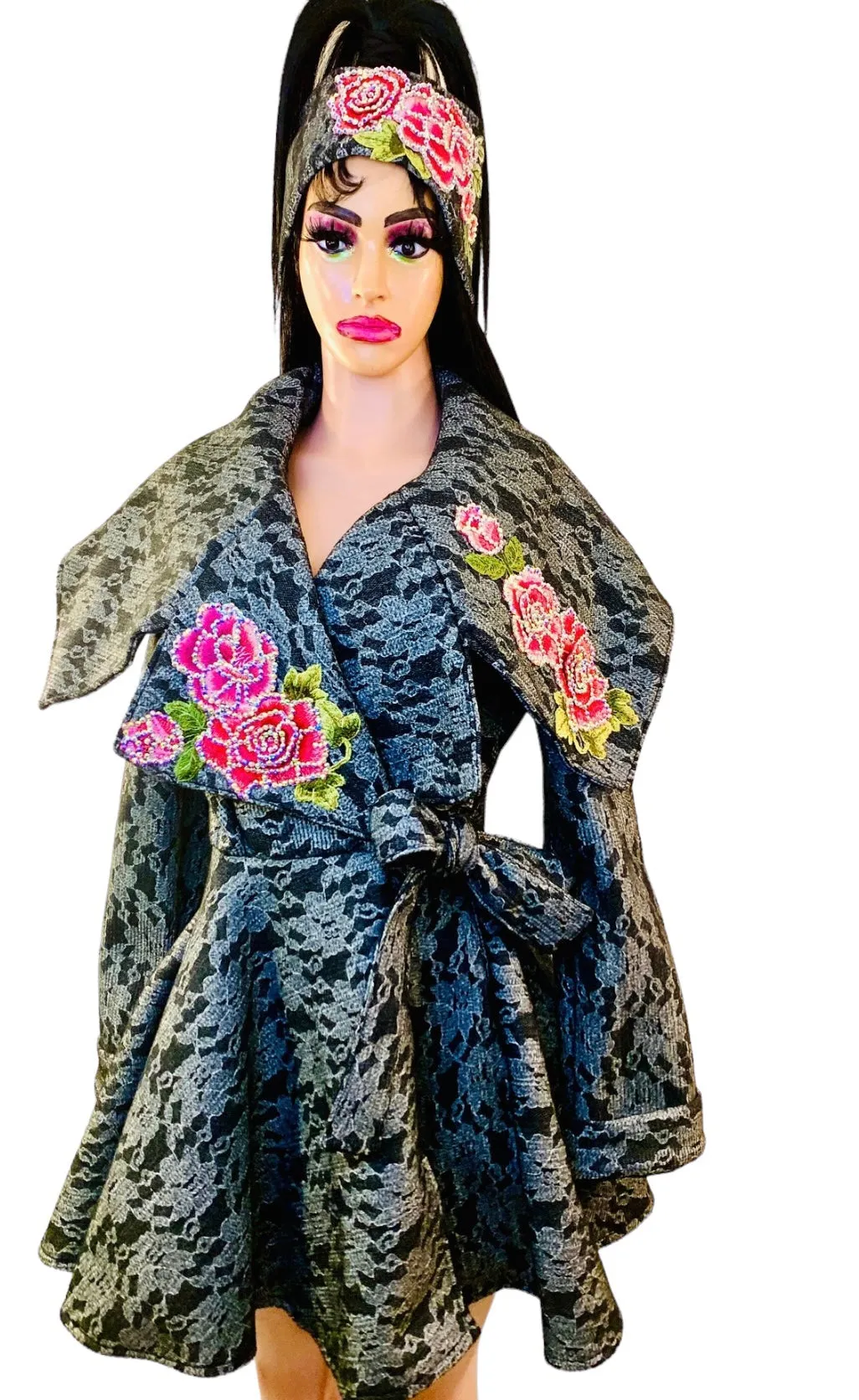 Women's Winter Black Peplum Asymmetric Coat Extravagant with Matching Headband