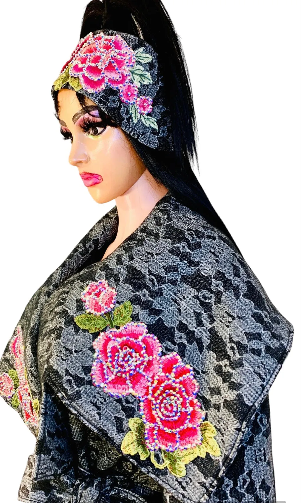 Women's Winter Black Peplum Asymmetric Coat Extravagant with Matching Headband