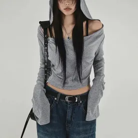 Y2K Grunge Hooded Long Sleeve Top – Slim Fit Vintage Streetwear